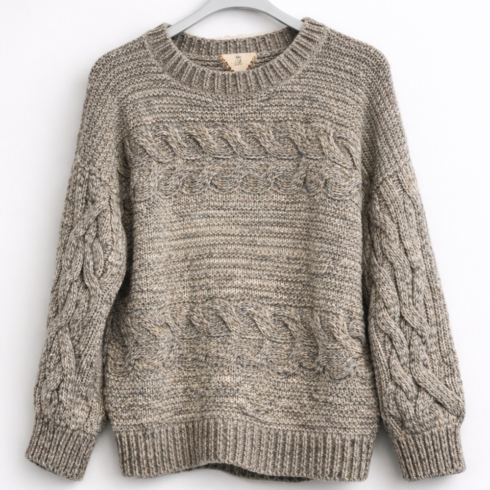 Pink Rose Gray Cable Knit Sweater Size Large Cozy Chunky